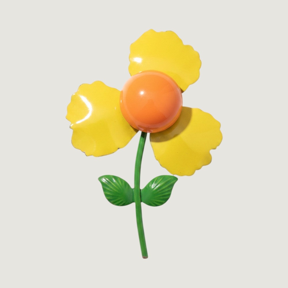 Vintage Enamel Flower Brooch Yellow Orange Mod Pop Art Retro Pin Collector